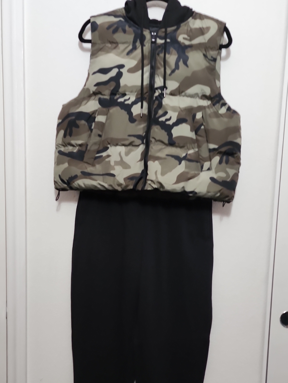 Fashion Nova Camo Puffer Vest in Olive & Black